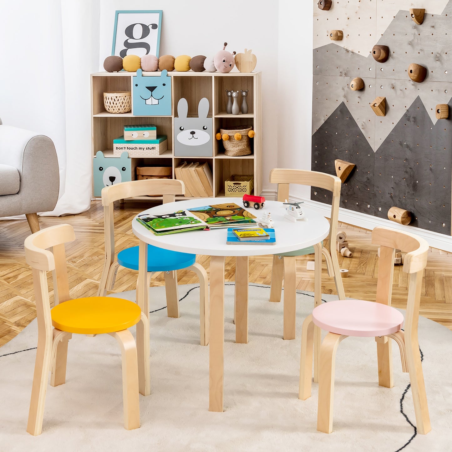 5-Piece Kids Wooden Curved Back Activity Table and Chair Set withToy Bricks Kids Crystal