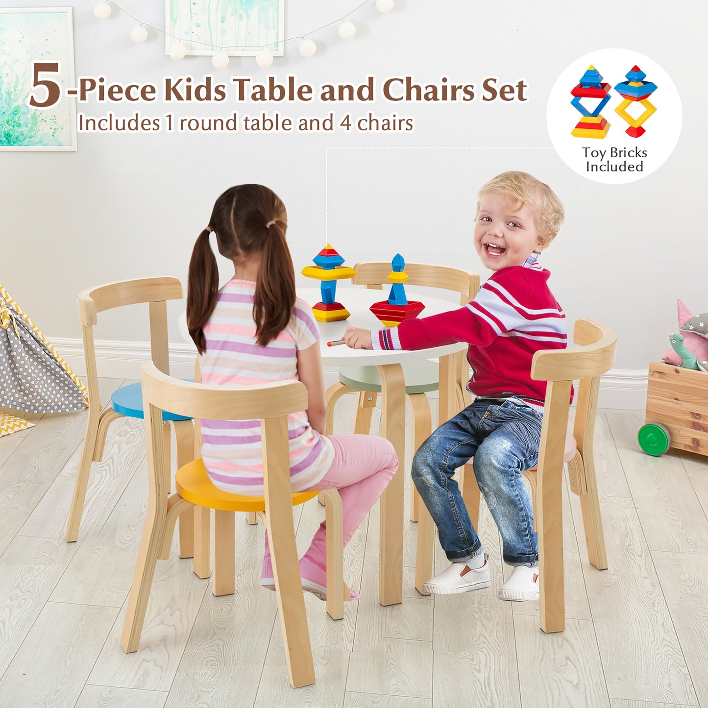 5-Piece Kids Wooden Curved Back Activity Table and Chair Set withToy Bricks Kids Crystal