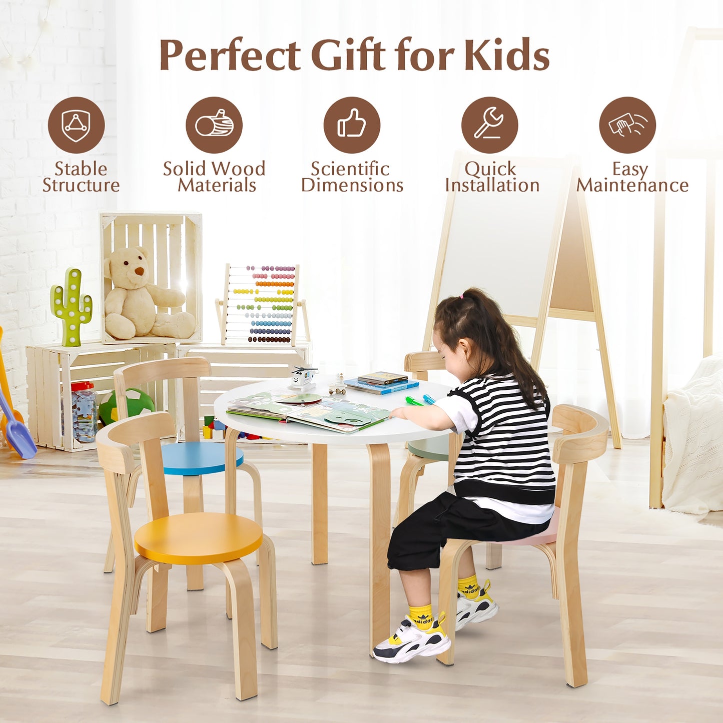 5-Piece Kids Wooden Curved Back Activity Table and Chair Set withToy Bricks Kids Crystal