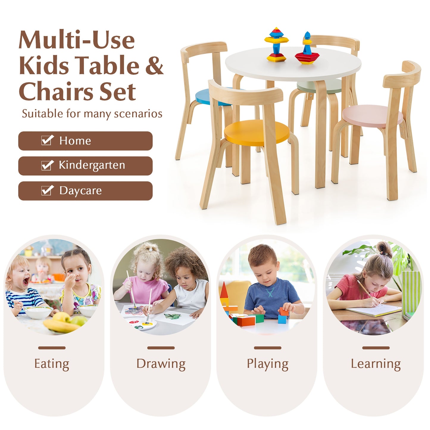 5-Piece Kids Wooden Curved Back Activity Table and Chair Set withToy Bricks Kids Crystal