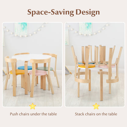 5-Piece Kids Wooden Curved Back Activity Table and Chair Set withToy Bricks