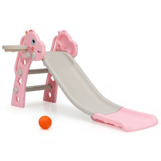 3-in-1 Kids Slide Baby Play Climber Slide Set with Basketball Hoop-Pink Kids Crystal