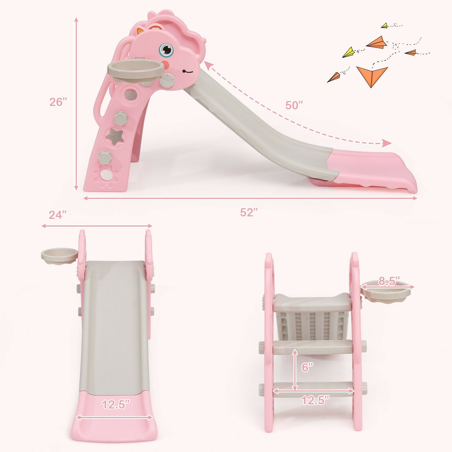 3-in-1 Kids Slide Baby Play Climber Slide Set with Basketball Hoop-Pink Kids Crystal