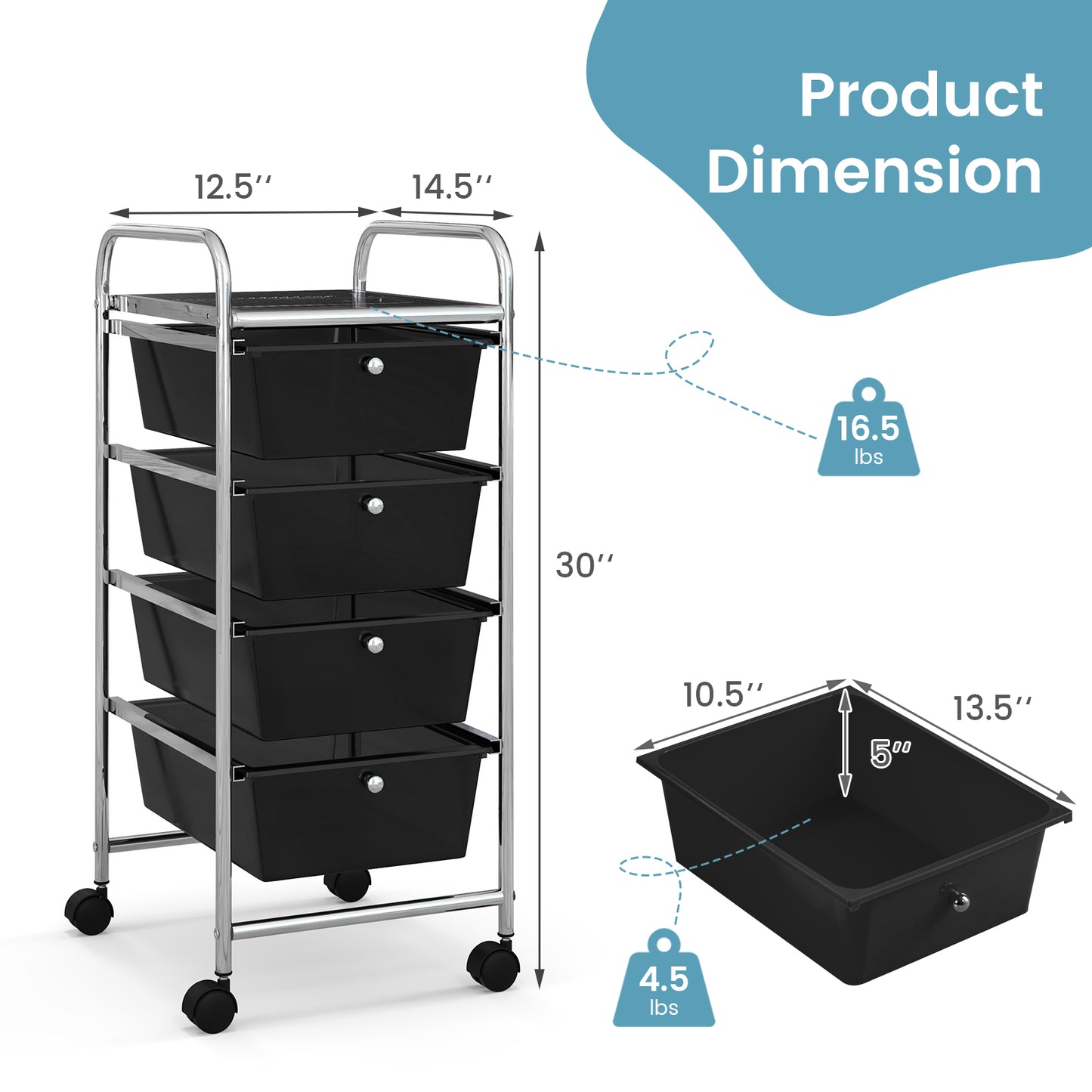 4-Drawer Cart Storage Bin Organizer Rolling with Plastic Drawers-Black Kids Crystal