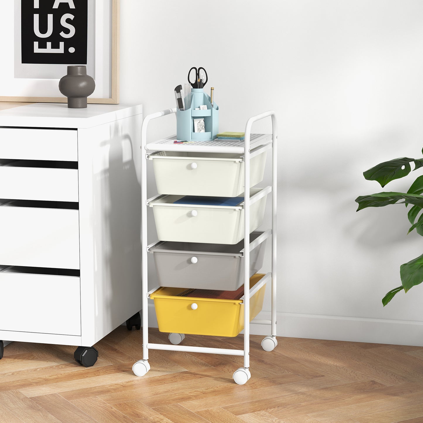 4-Drawer Cart Storage Bin Organizer Rolling with Plastic Drawers-Yellow Kids Crystal