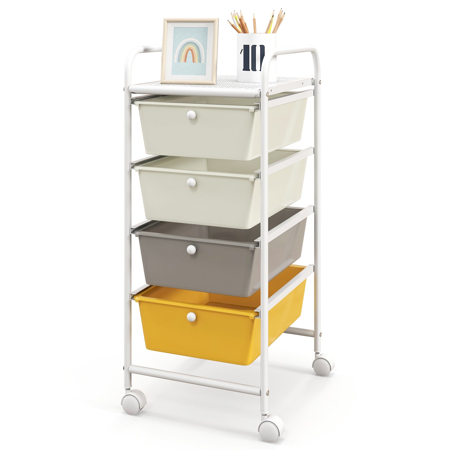 4-Drawer Cart Storage Bin Organizer Rolling with Plastic Drawers-Yellow Kids Crystal
