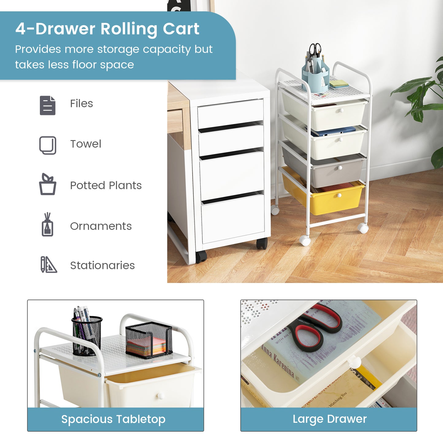 4-Drawer Cart Storage Bin Organizer Rolling with Plastic Drawers-Yellow Kids Crystal