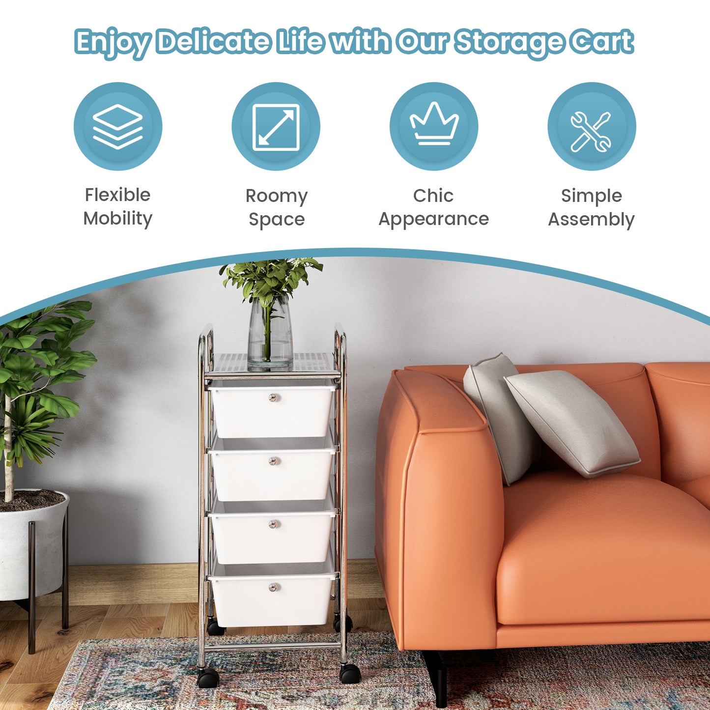 4-Drawer Cart Storage Bin Organizer Rolling with Plastic Drawers-White Kids Crystal