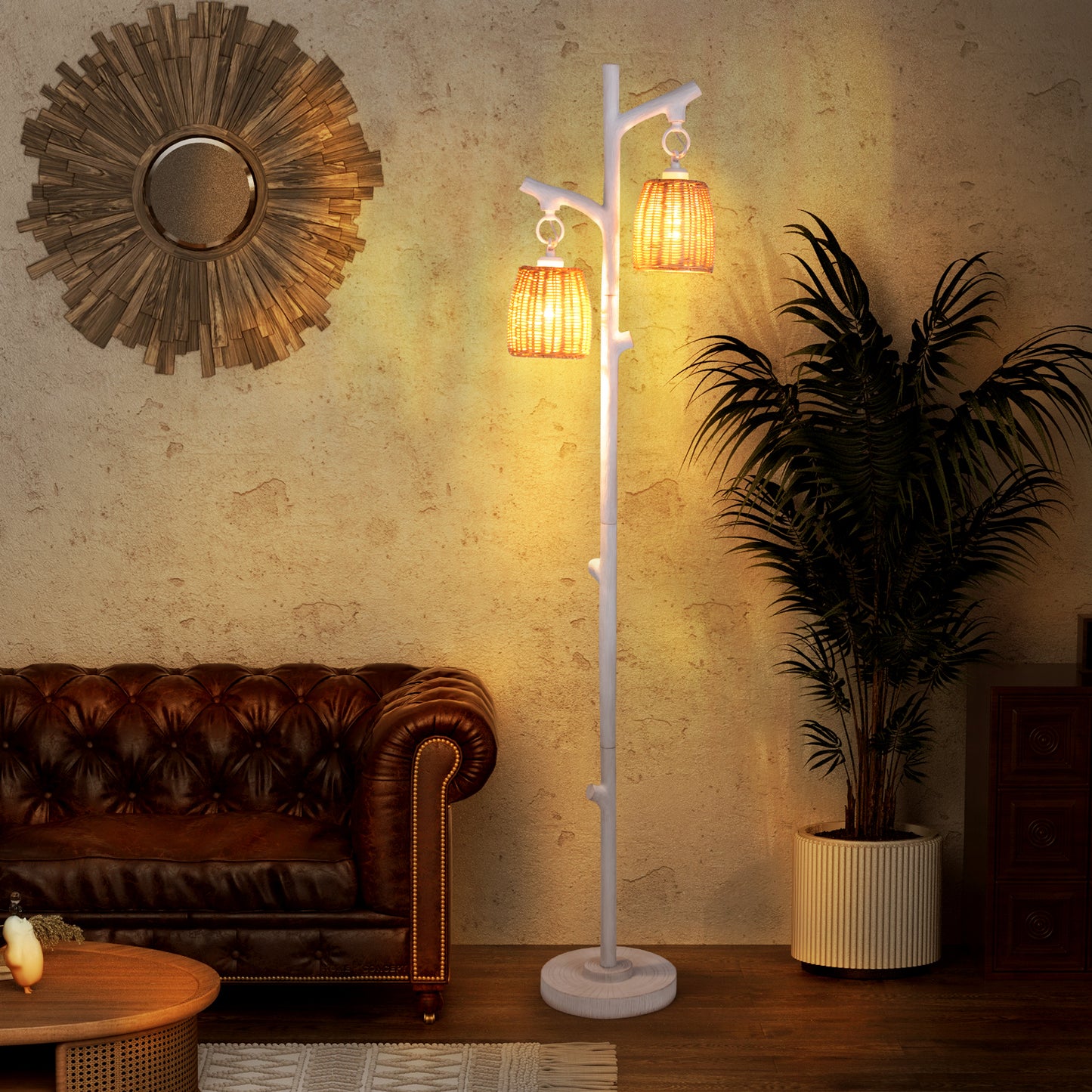 2 Light Tree Trunk Lamps with Wicker Shade-White Kids Crystal
