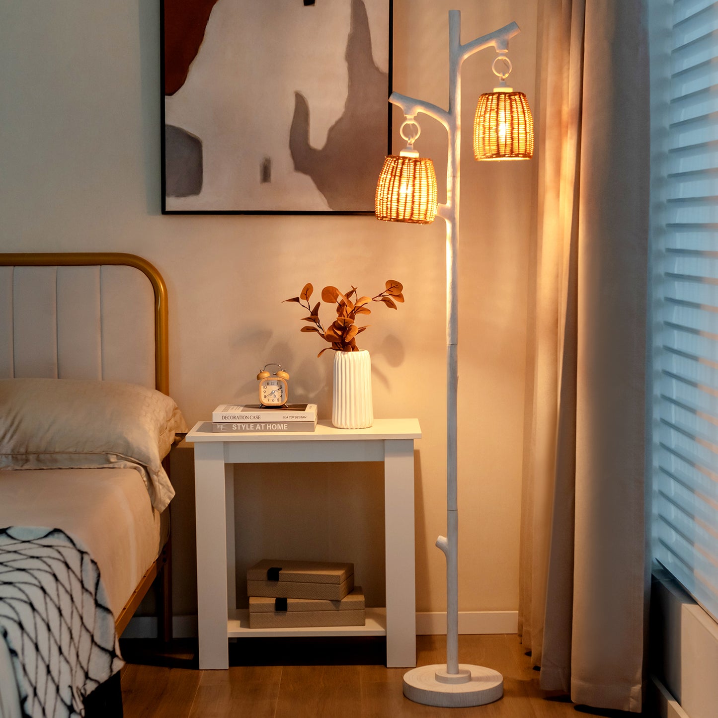 2 Light Tree Trunk Lamps with Wicker Shade-White Kids Crystal