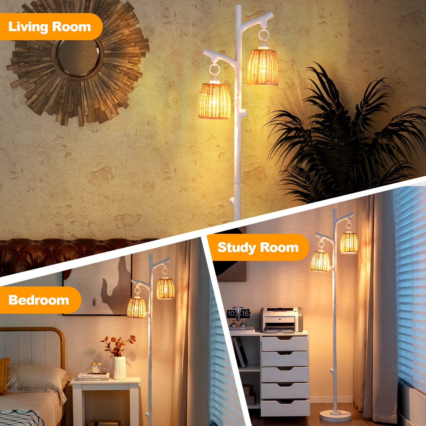 2 Light Tree Trunk Lamps with Wicker Shade-White Kids Crystal