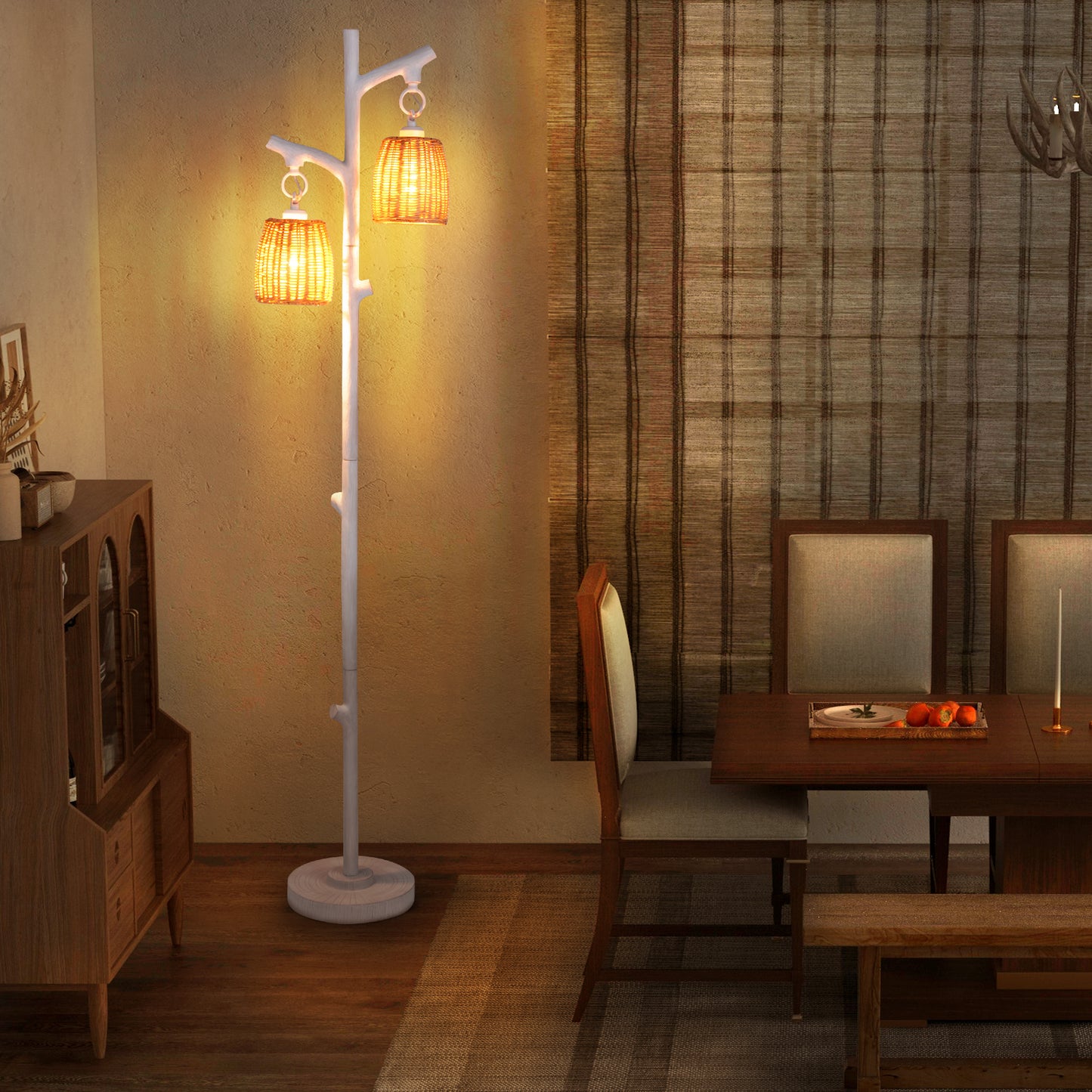 2 Light Tree Trunk Lamps with Wicker Shade-White Kids Crystal
