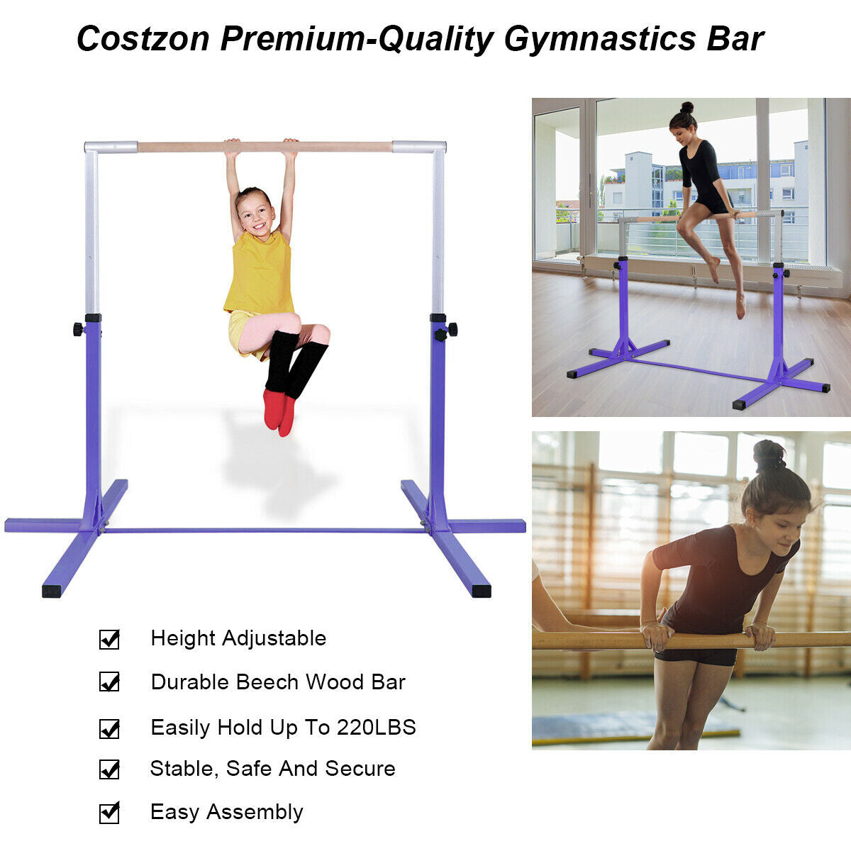 Adjustable Gymnastics Bar Horizontal Bar for Kids-Purple Kids Crystal