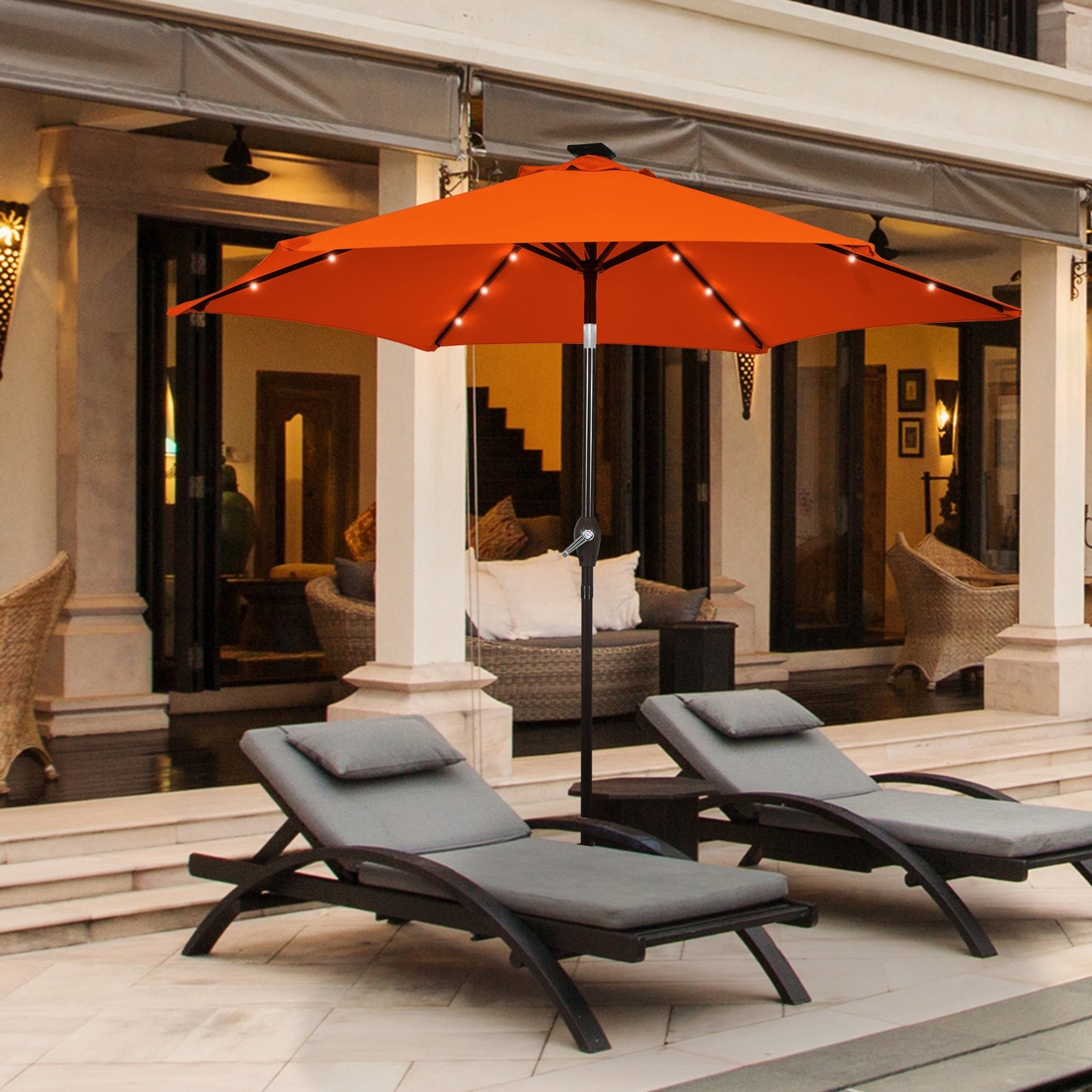 9 Inch Solar LED Lighted Patio Market Umbrella Tilt Adjustment Crank Lift-Orange Kids Crystal