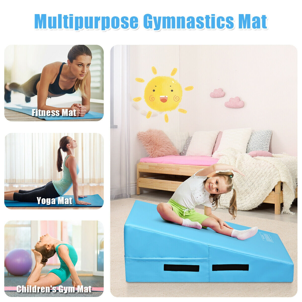 Incline Gymnastics Mat Wedge Ramp Gym Tumbling Exercise Mat-Blue Kids Crystal