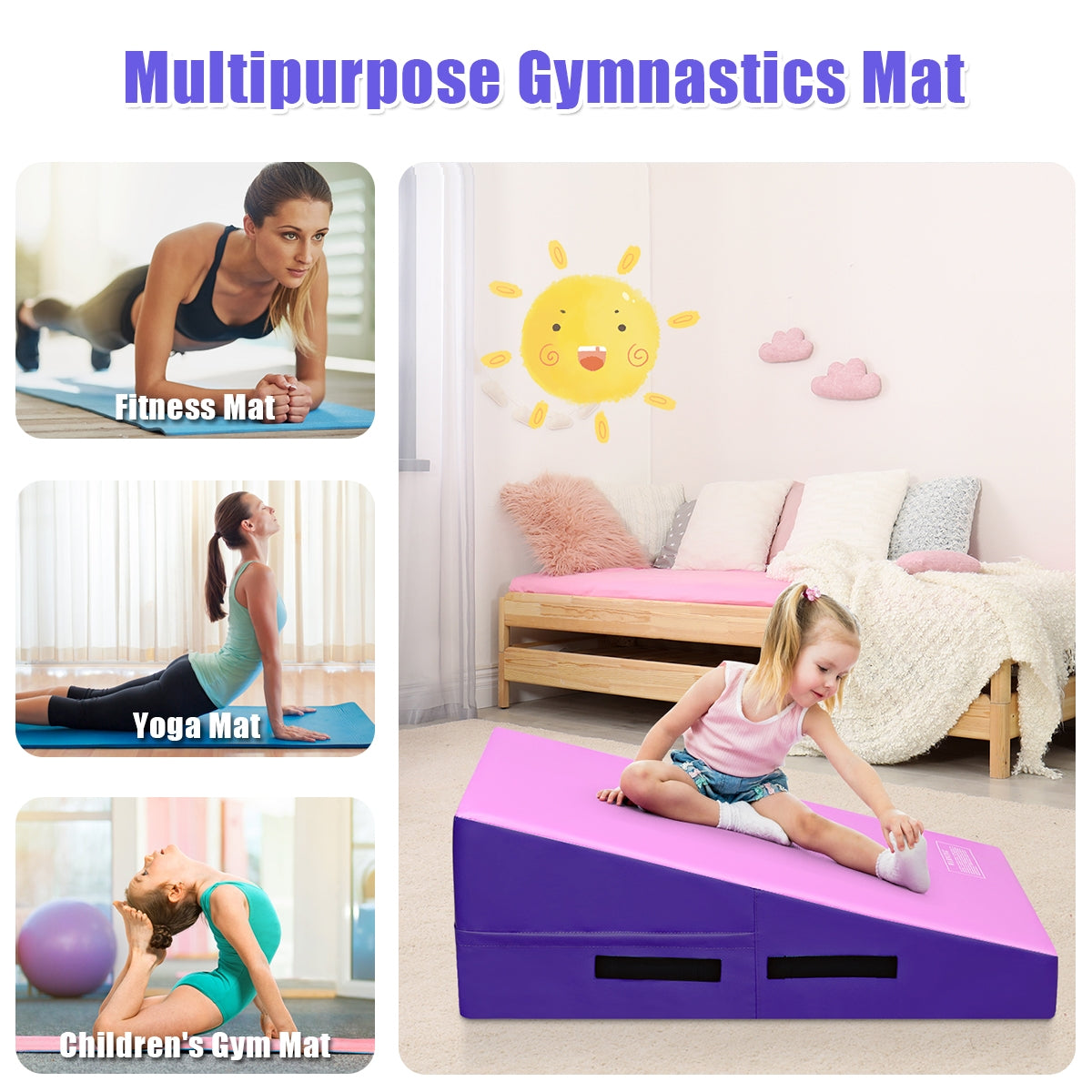 Incline Gymnastics Mat Wedge Ramp Gym Tumbling Exercise Mat-Pink& Purple Kids Crystal