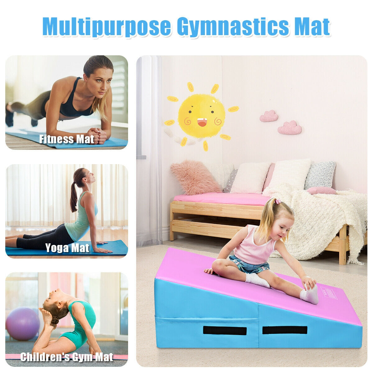 Incline Gymnastics Mat Wedge Ramp Gym Tumbling Exercise Mat-Pink & Blue Kids Crystal