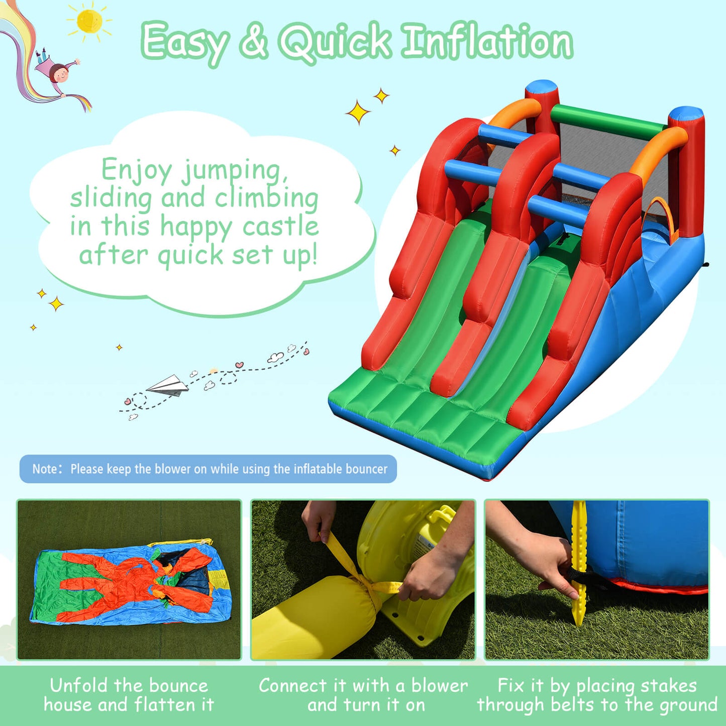 3-in-1 Dual Slides Jumping Castle Bouncer without Blower Kids Crystal