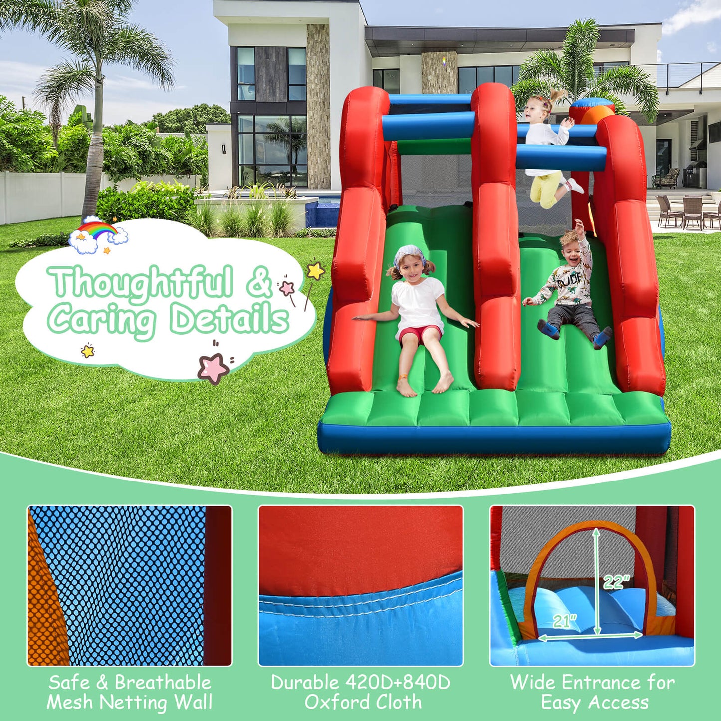 3-in-1 Dual Slides Jumping Castle Bouncer without Blower Kids Crystal