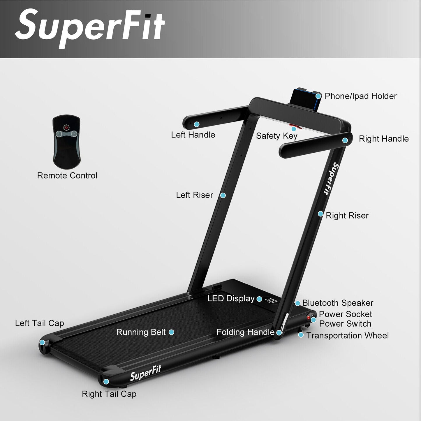 2.25HP 2 in 1 Folding Treadmill with APP Speaker Remote Control-Black Kids Crystal