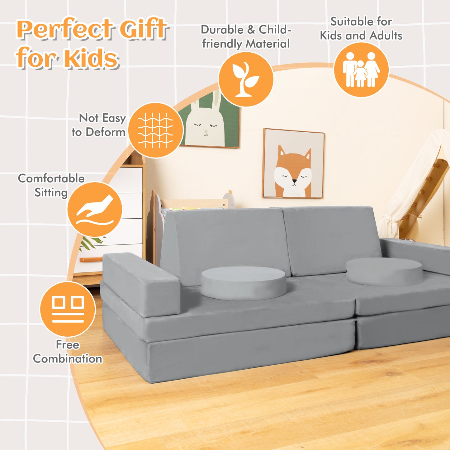 8-Piece Kids Play Couch Sofa with Portable Handle-Gray
