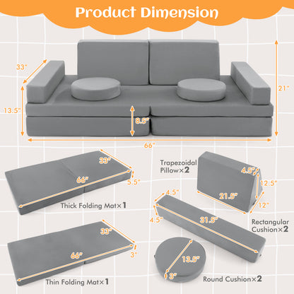 8-Piece Kids Play Couch Sofa with Portable Handle-Gray