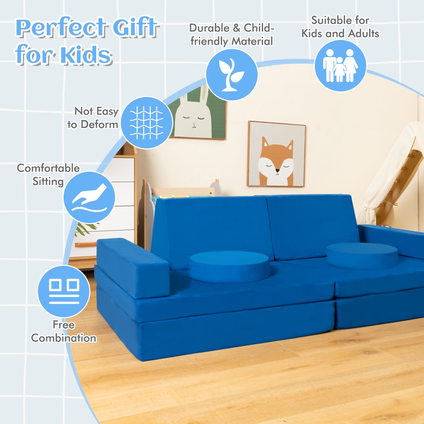 8-Piece Kids Play Couch Sofa with Portable Handle-Blue