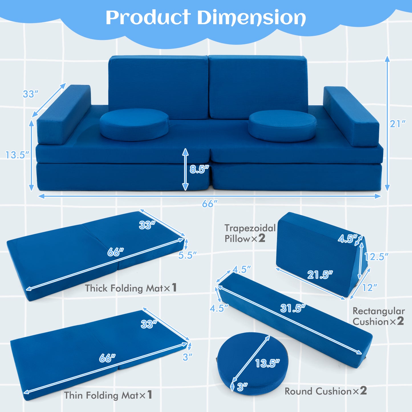8-Piece Kids Play Couch Sofa with Portable Handle-Blue