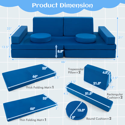 8-Piece Kids Play Couch Sofa with Portable Handle-Blue
