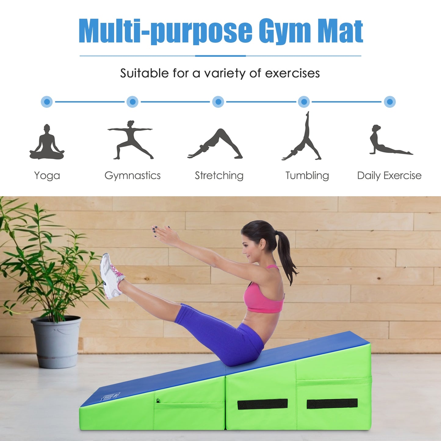 Folding Wedge Exercise Gymnastics Mat with Handles-Green Kids Crystal