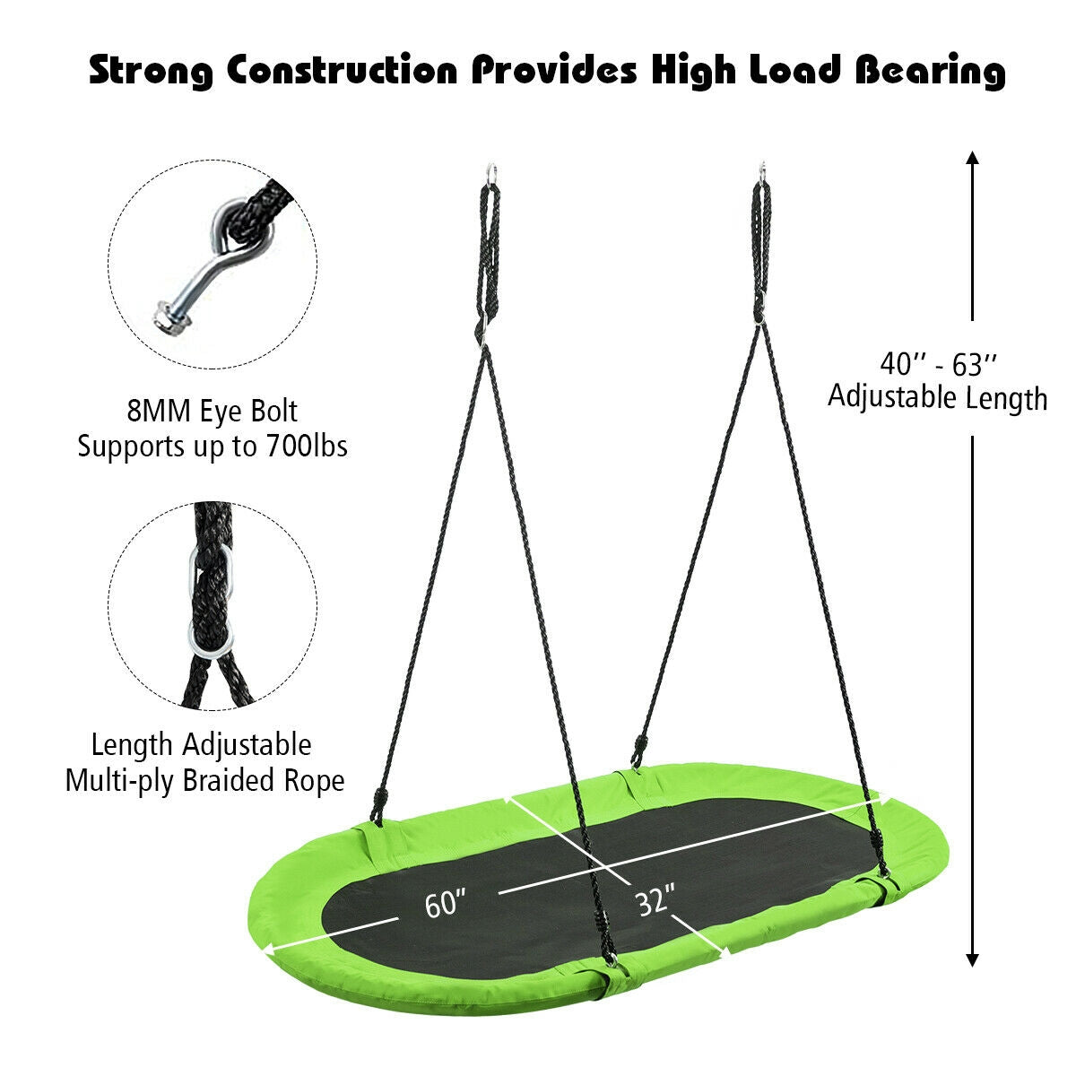60 Inch Saucer Surf Outdoor Adjustable Swing Set-Green Kids Crystal