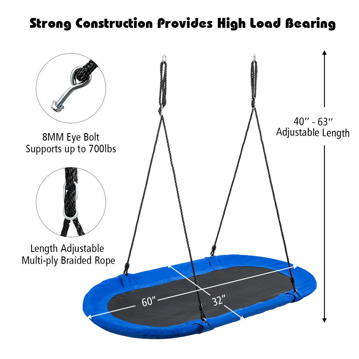 60 Inch Saucer Surf Outdoor Adjustable Swing Set-Blue+Black Kids Crystal