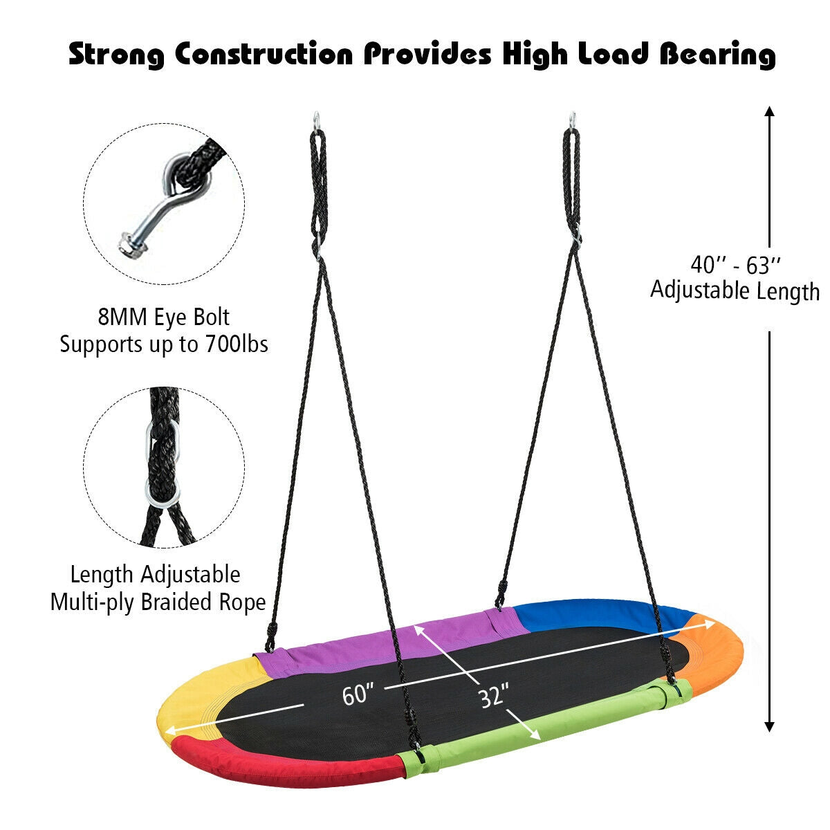 60 Inch Saucer Surf Outdoor Adjustable Swing Set-Multicolor Kids Crystal