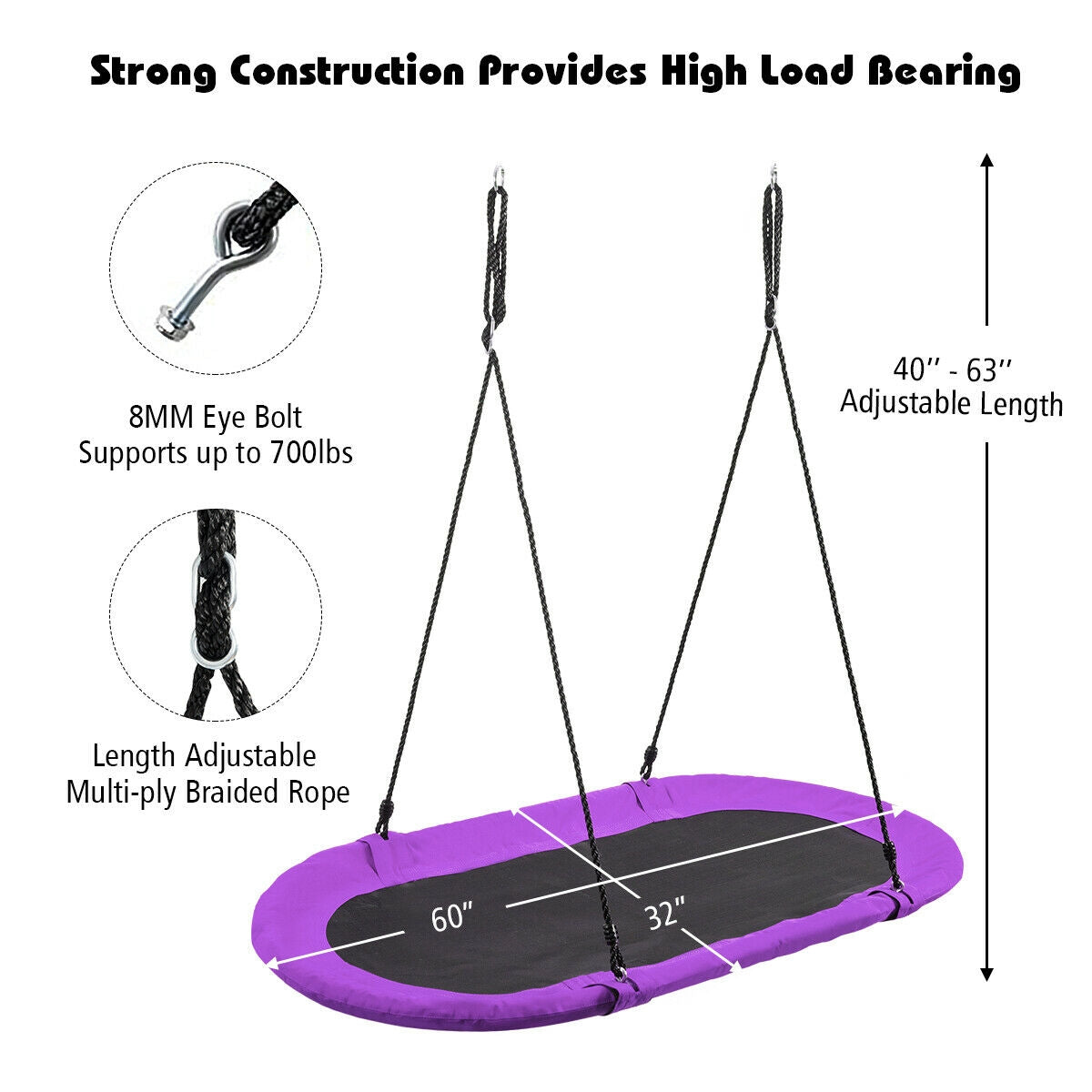 60 Inch Saucer Surf Outdoor Adjustable Swing Set-Purple Kids Crystal