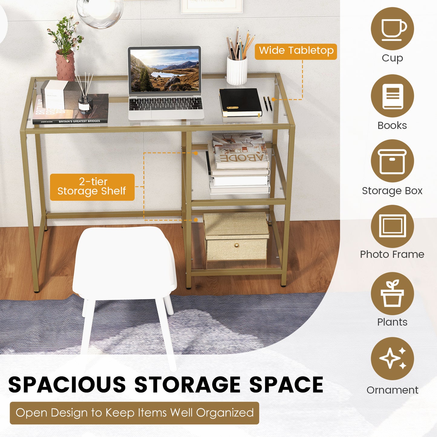 Modern Console Table with 2 Open Shelves and Metal Frame-Golden Kids Crystal