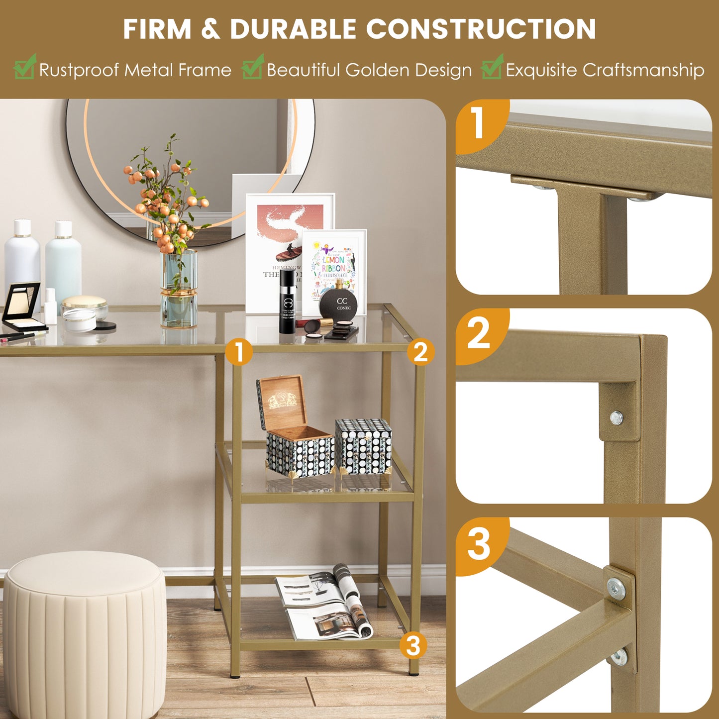 Modern Console Table with 2 Open Shelves and Metal Frame-Golden Kids Crystal