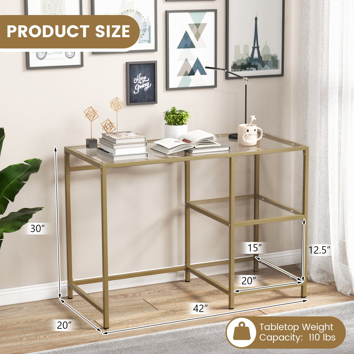 Modern Console Table with 2 Open Shelves and Metal Frame-Golden Kids Crystal
