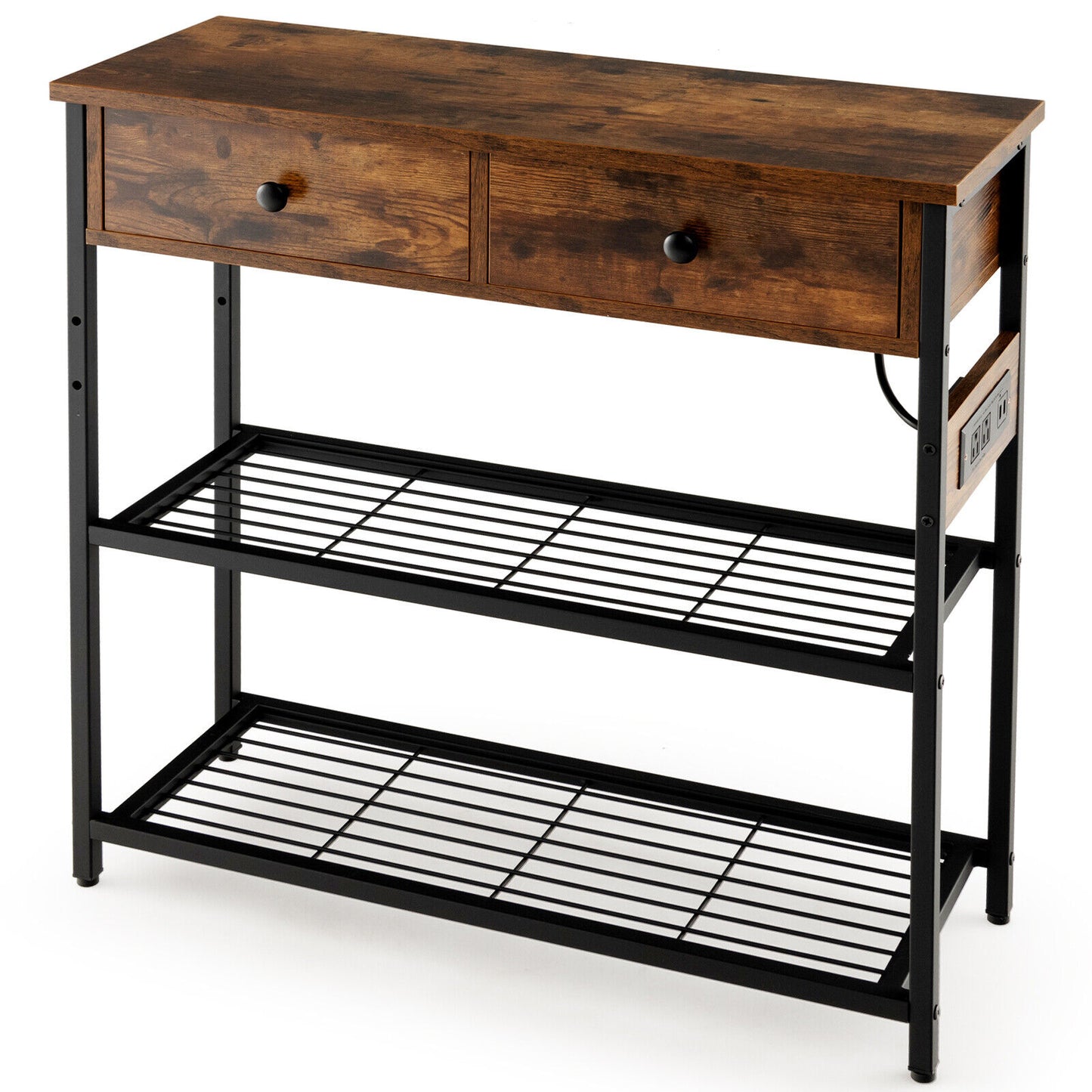 Narrow Console Table with 2 Drawers and 2 Metal Mesh Shelves-Rustic Brown Kids Crystal