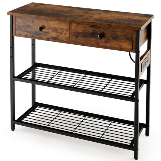 Narrow Console Table with 2 Drawers and 2 Metal Mesh Shelves-Rustic Brown Kids Crystal