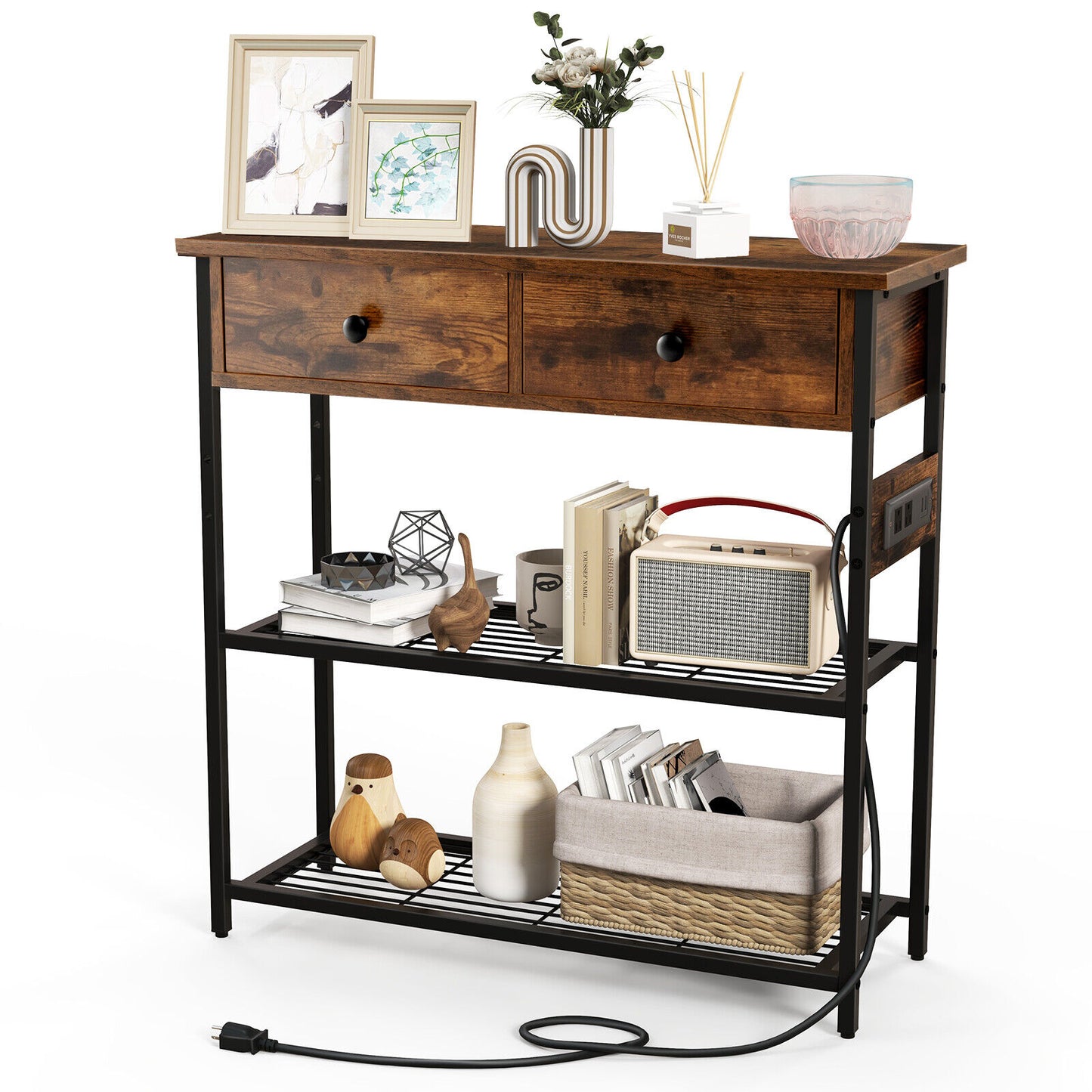 Narrow Console Table with 2 Drawers and 2 Metal Mesh Shelves-Rustic Brown Kids Crystal