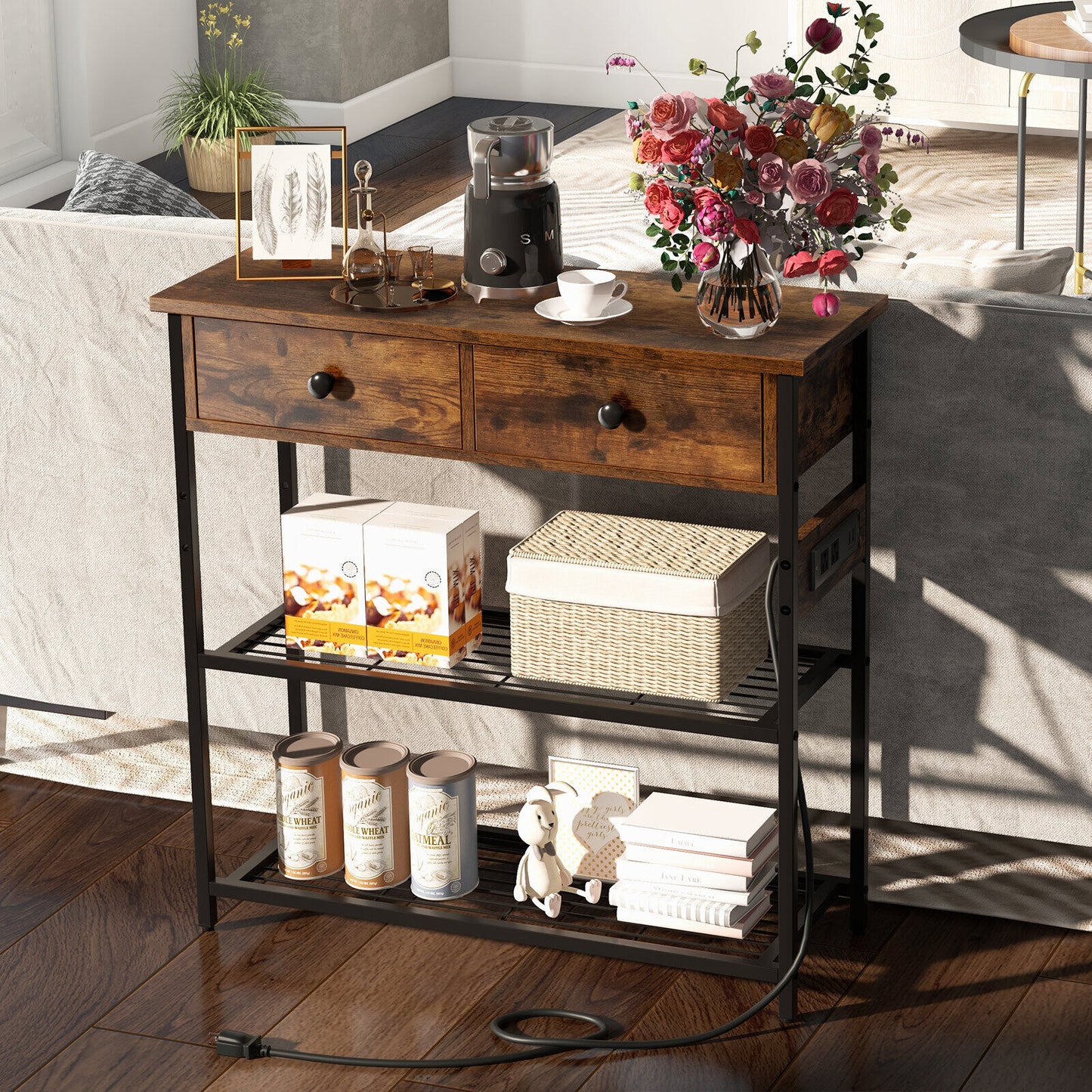Narrow Console Table with 2 Drawers and 2 Metal Mesh Shelves-Rustic Brown Kids Crystal