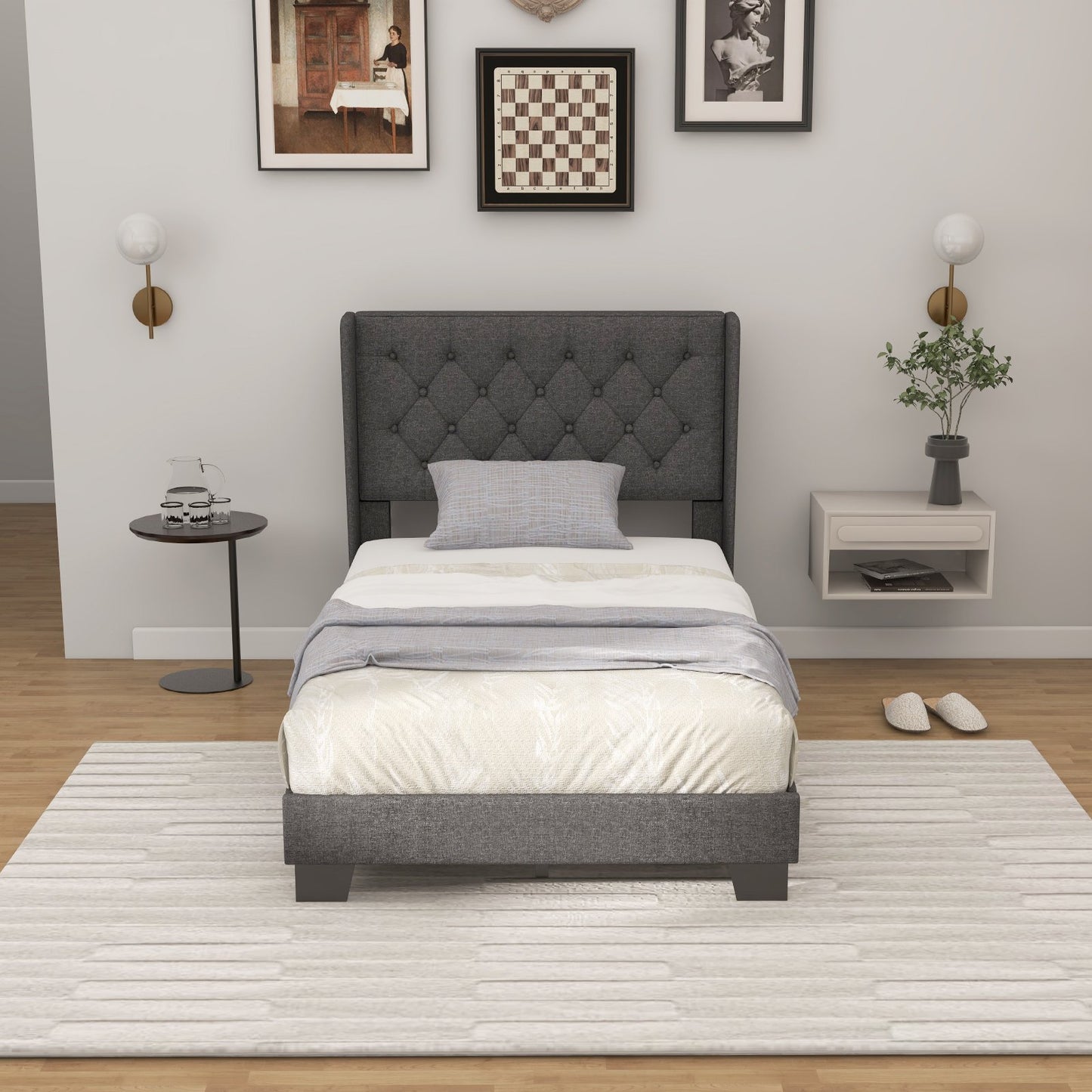 Twin/Full/Queen Size Upholstered Platform Bed with Button Tufted Headboard-Twin Size Kids Crystal
