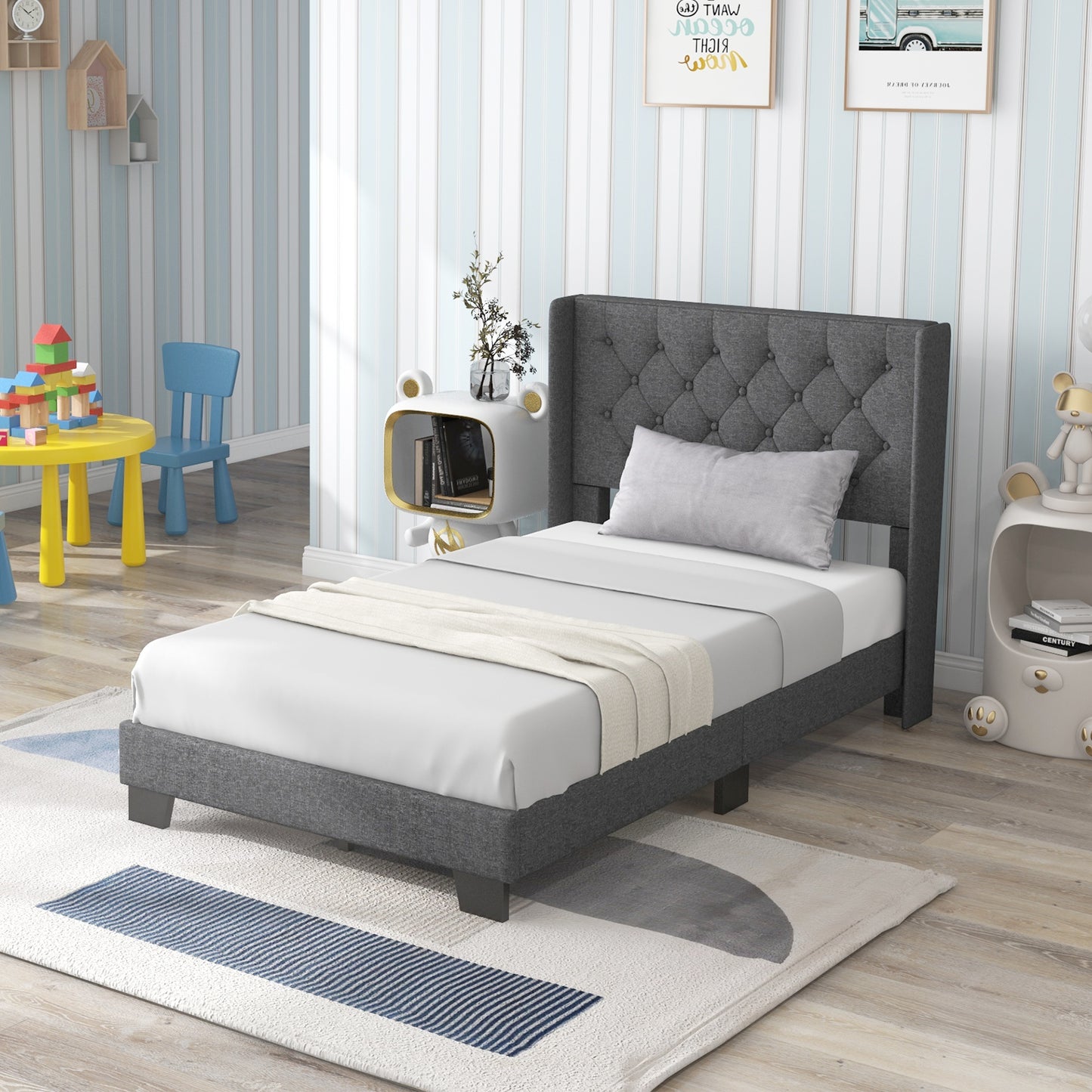 Twin/Full/Queen Size Upholstered Platform Bed with Button Tufted Headboard-Twin Size Kids Crystal