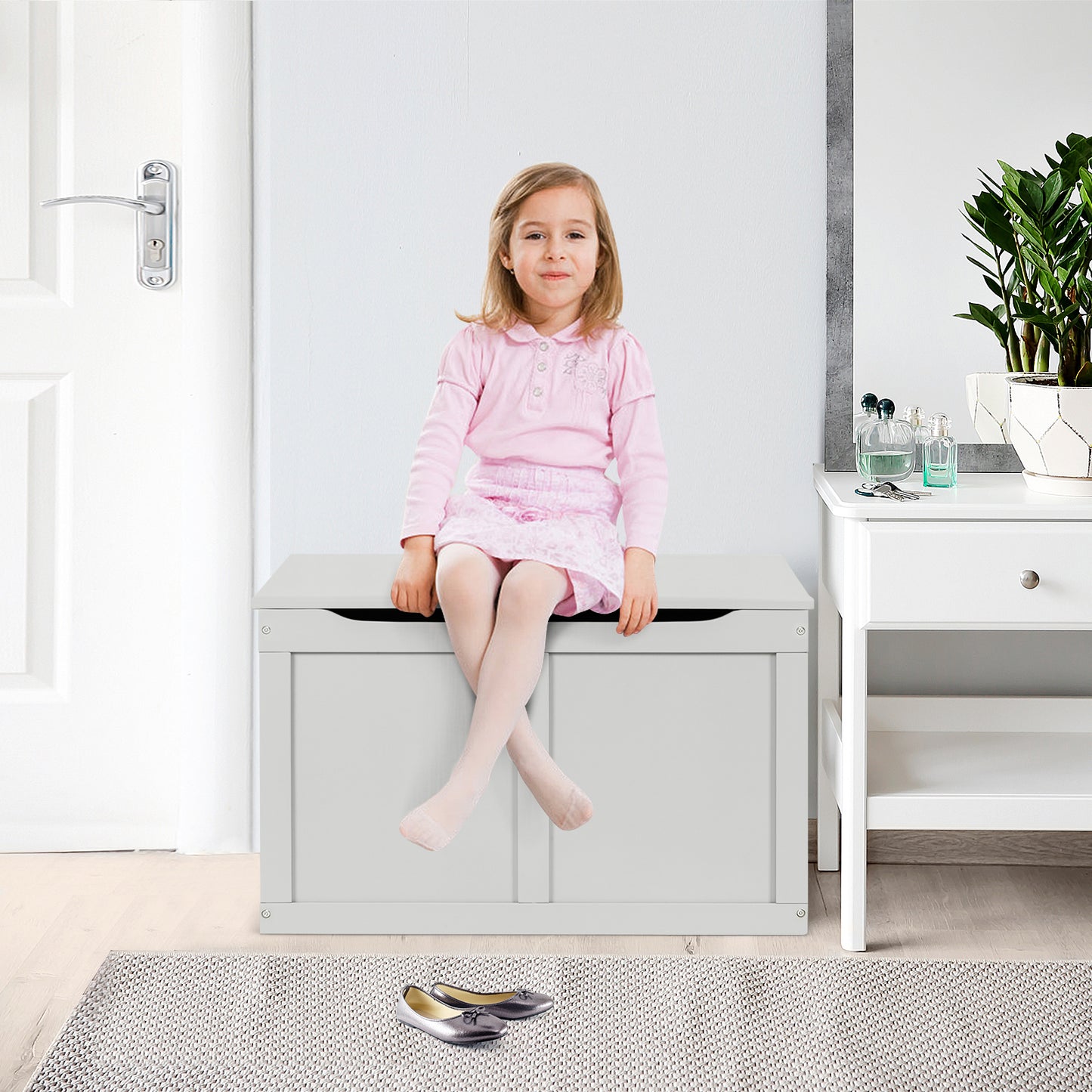 Safety Hinge Wooden Chest Organizer Toy Storage Box-Gray Kids Crystal