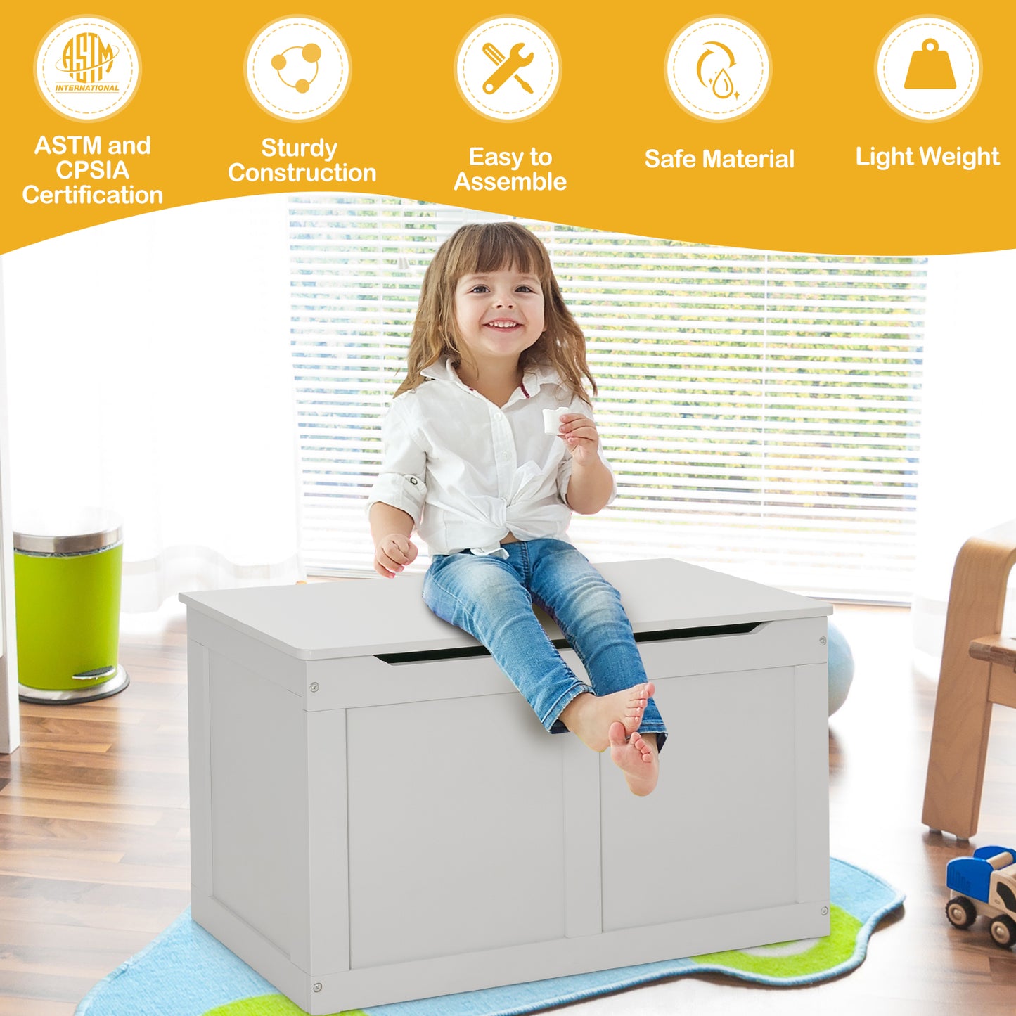Safety Hinge Wooden Chest Organizer Toy Storage Box-Gray Kids Crystal