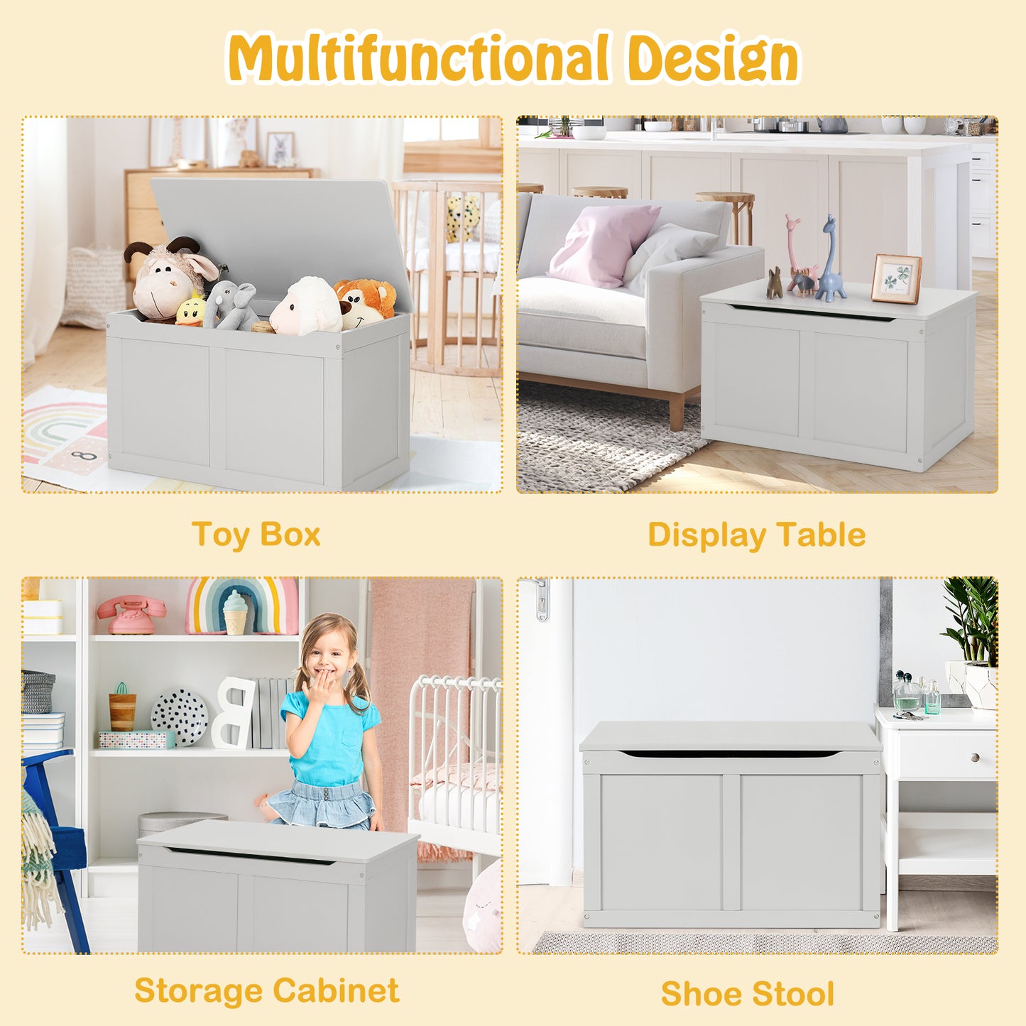 Safety Hinge Wooden Chest Organizer Toy Storage Box-Gray Kids Crystal