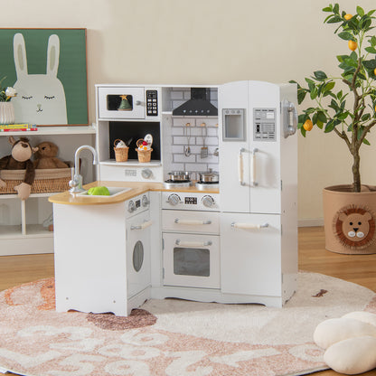 Wooden Kid&#39;s Corner Kitchen Playset with Stove for Toddlers-Natural &amp; White