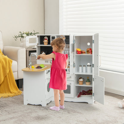 Wooden Kid&#39;s Corner Kitchen Playset with Stove for Toddlers-Natural &amp; White