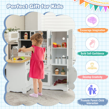 Wooden Kid&#39;s Corner Kitchen Playset with Stove for Toddlers-Natural &amp; White