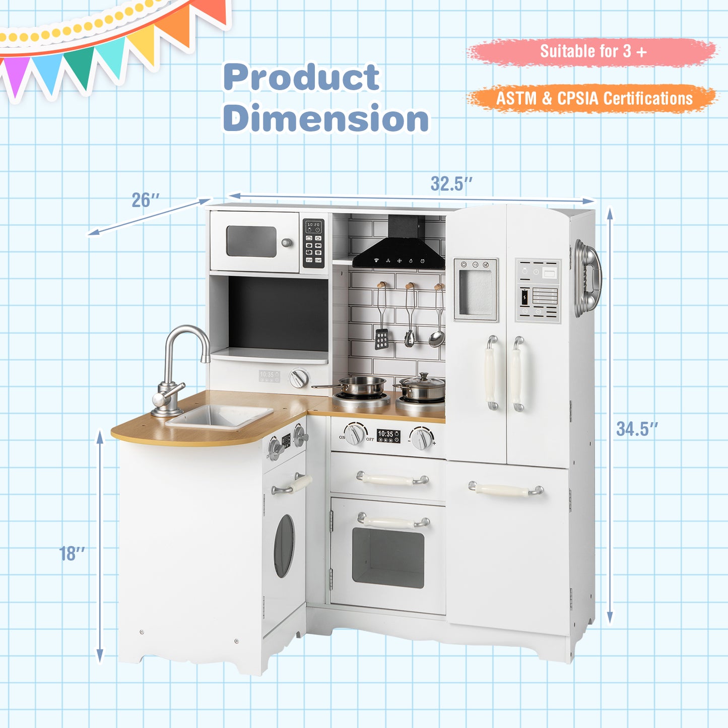 Wooden Kid&#39;s Corner Kitchen Playset with Stove for Toddlers-Natural &amp; White Kids Crystal
